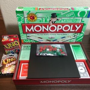 Family board games monopoly and uno card games